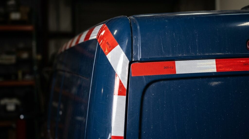 Close-up detail shot of a vans exterior corner showing brig