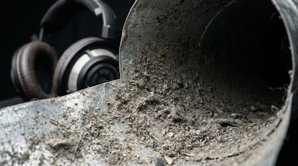 Close-up macro photography of accumulated dust and debris in
