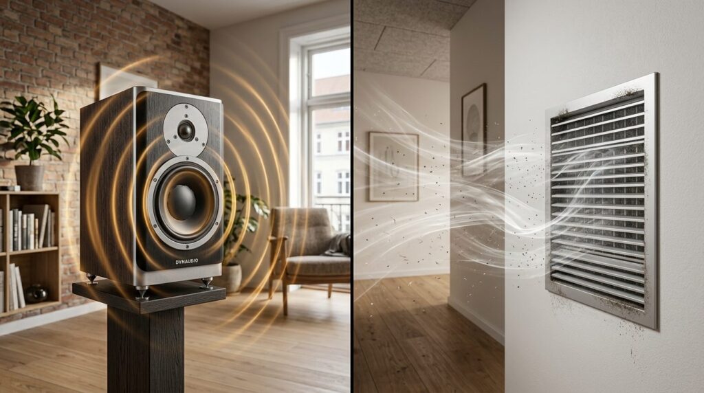 Split-screen comparison: left side shows a high-fidelity spe