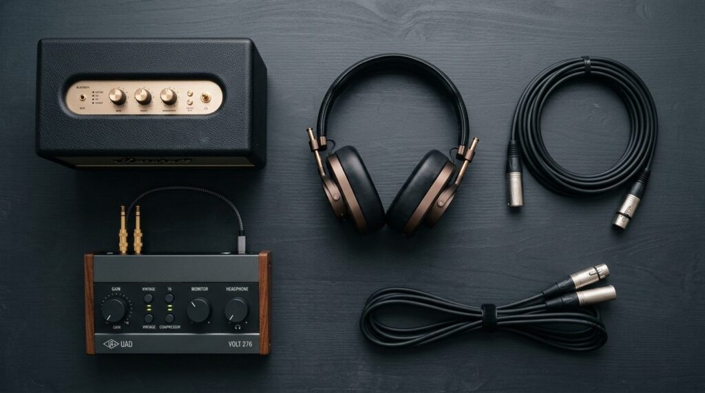 Flat lay overhead shot of modern audio equipment for parties