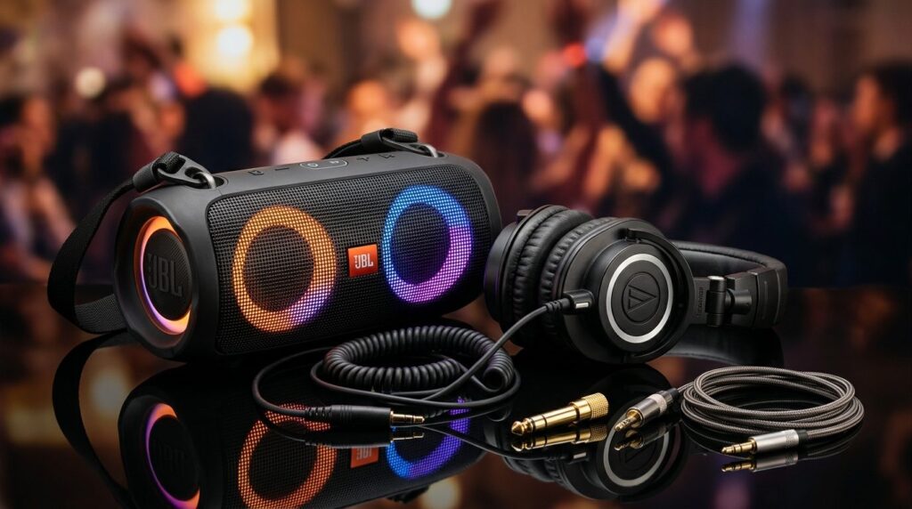 Close-up product shot of high-quality party audio essentials