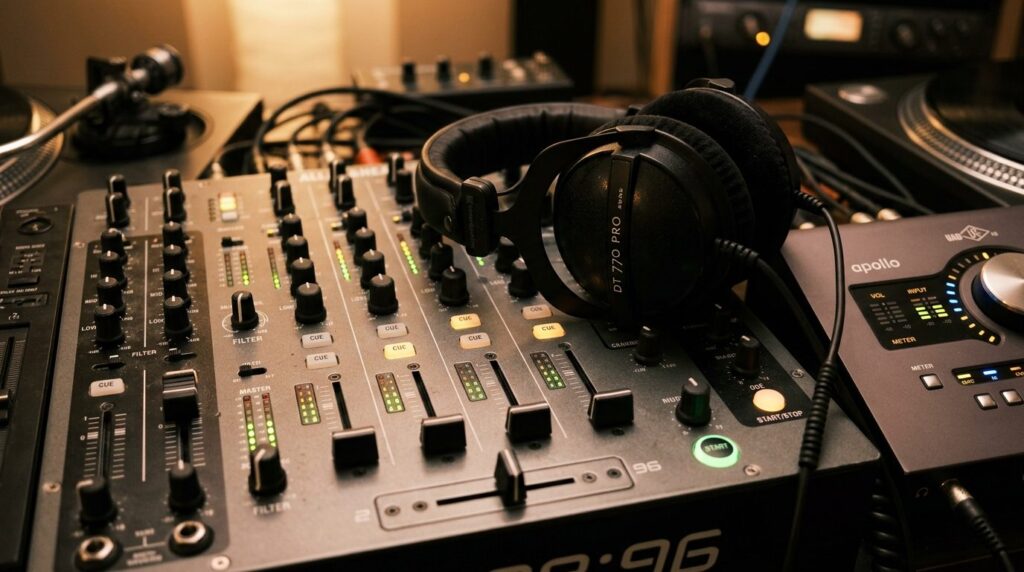 Close-up of professional DJ mixer and audio interface with f