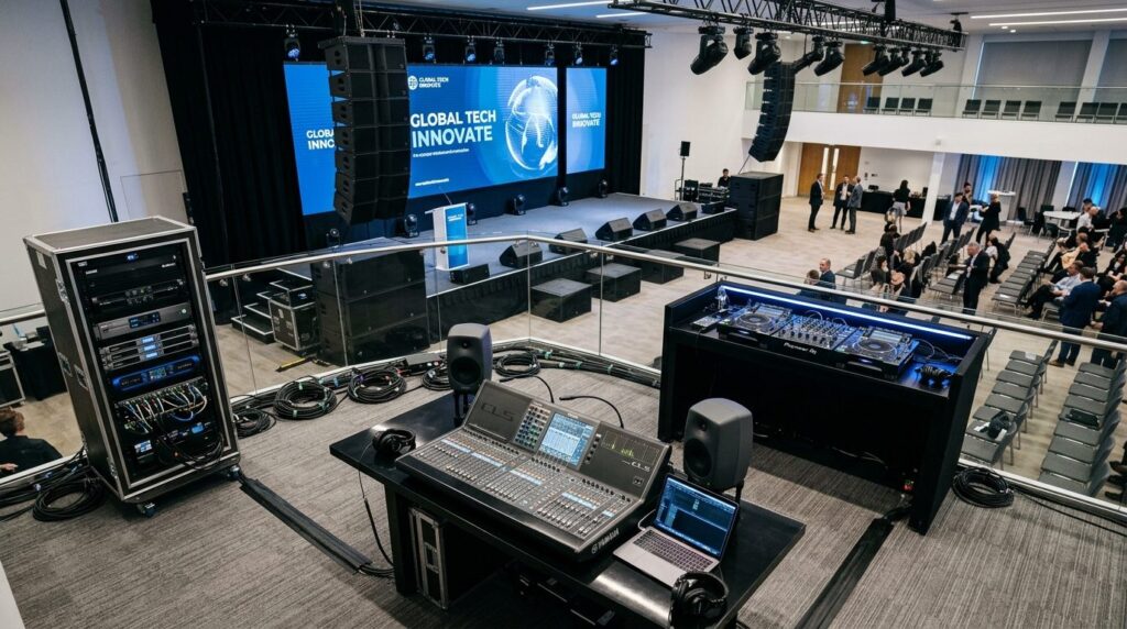 Professional sound system setup with speakers, amplifiers an