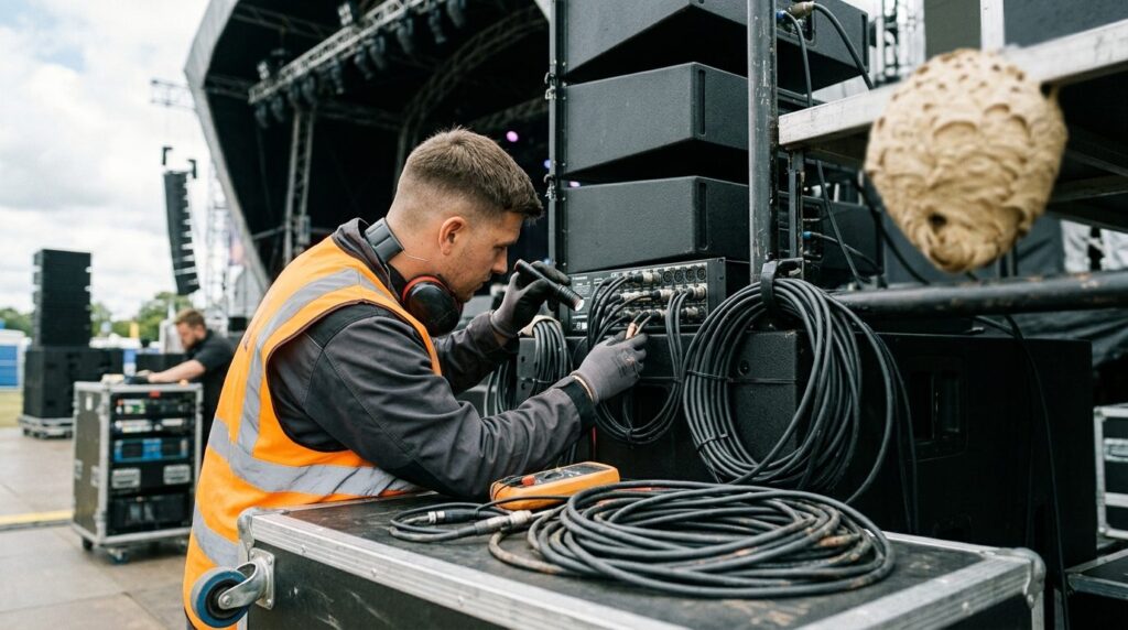 Professional over-the-shoulder shot of a technician in safet