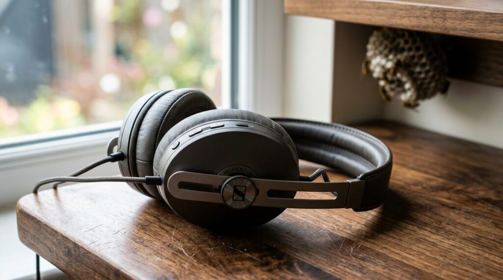 Close-up photorealistic image of premium over-ear headphones