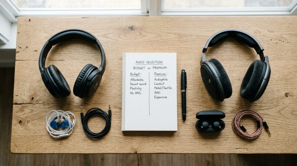 Flat lay composition of audio equipment comparison on wooden