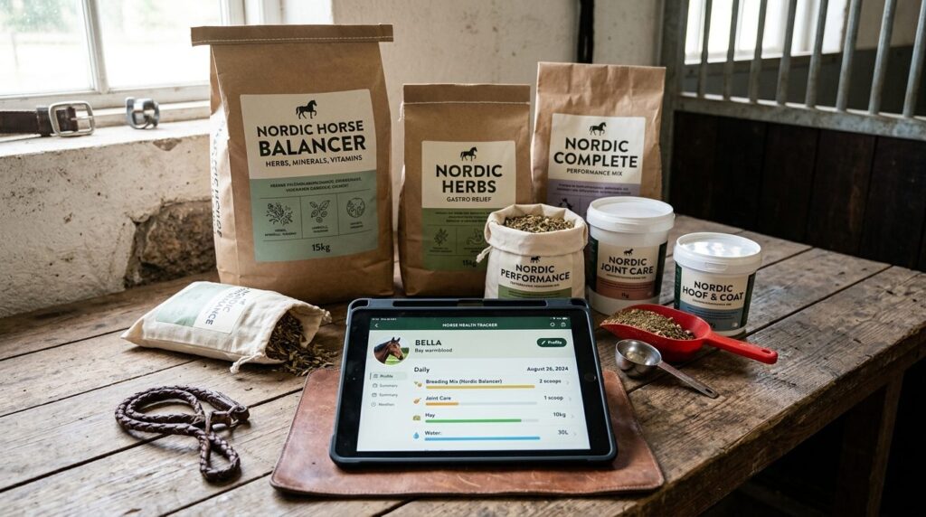 Close-up flat lay photograph of premium equine nutrition pro