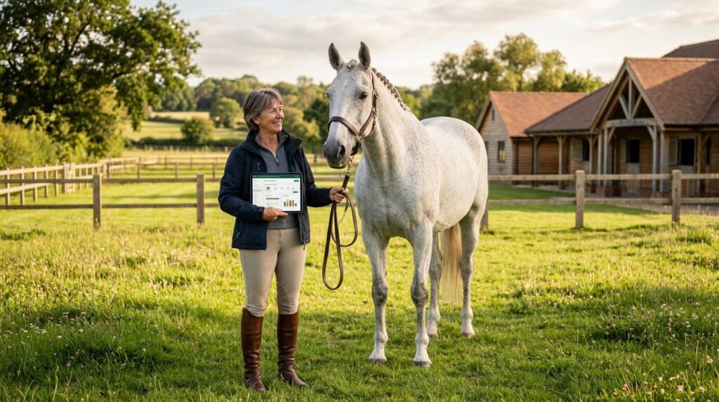Realistic image of a mature rider in casual riding wear stan