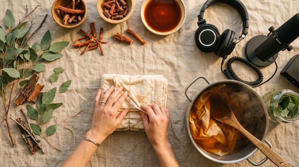 Close-up flat lay of sustainable fashion DIY dyeing process: