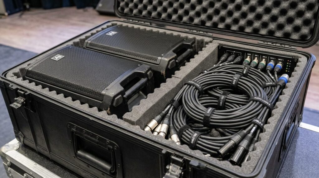 Close-up of professional PA system speakers and audio cables