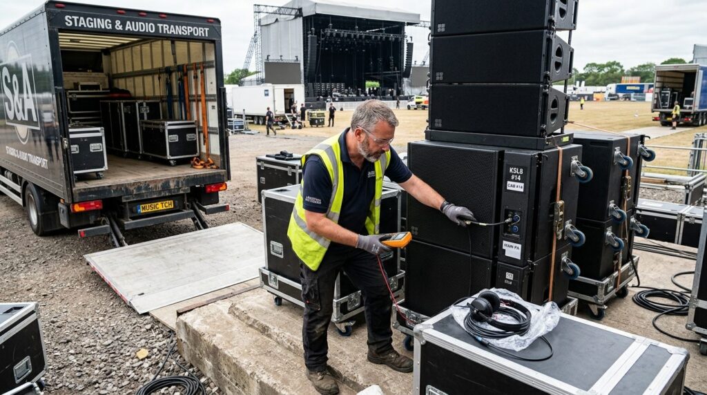 Experienced audio technician inspecting large concert speake