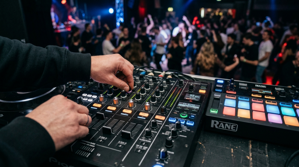 Close-up overhead view of professional DJ mixing console wit