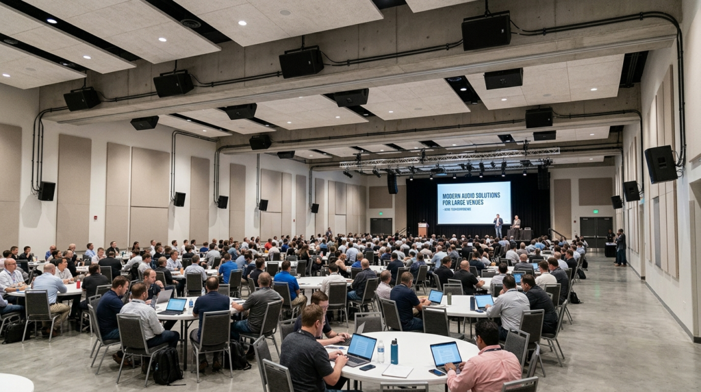 Wide shot of corporate event venue with distributed speaker
