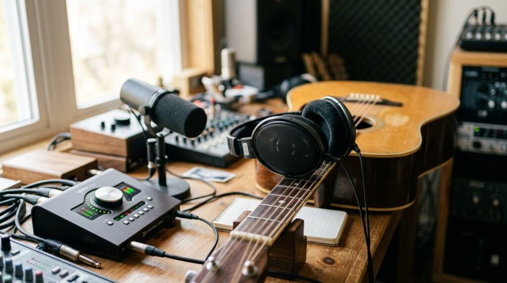 Close-up of high-quality over-ear studio headphones resting 