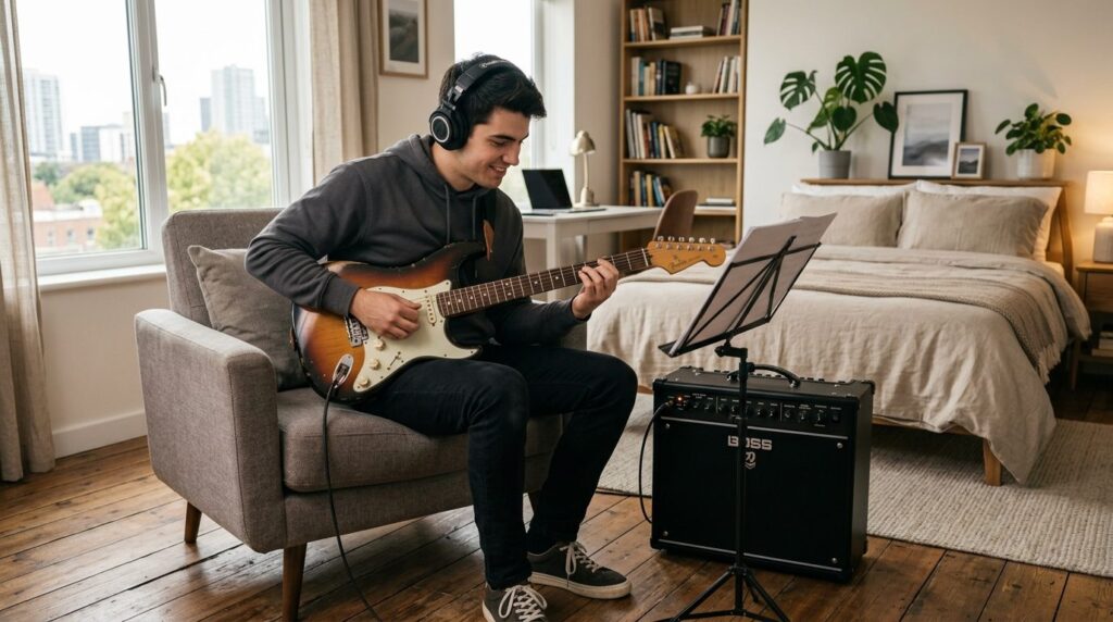 Beginner guitarist practicing at home with wireless headphon